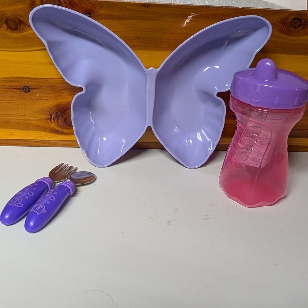 Toddler Mealtime Set Lavender Butterfly Divided Plate Sippy Cup Fork Spoon